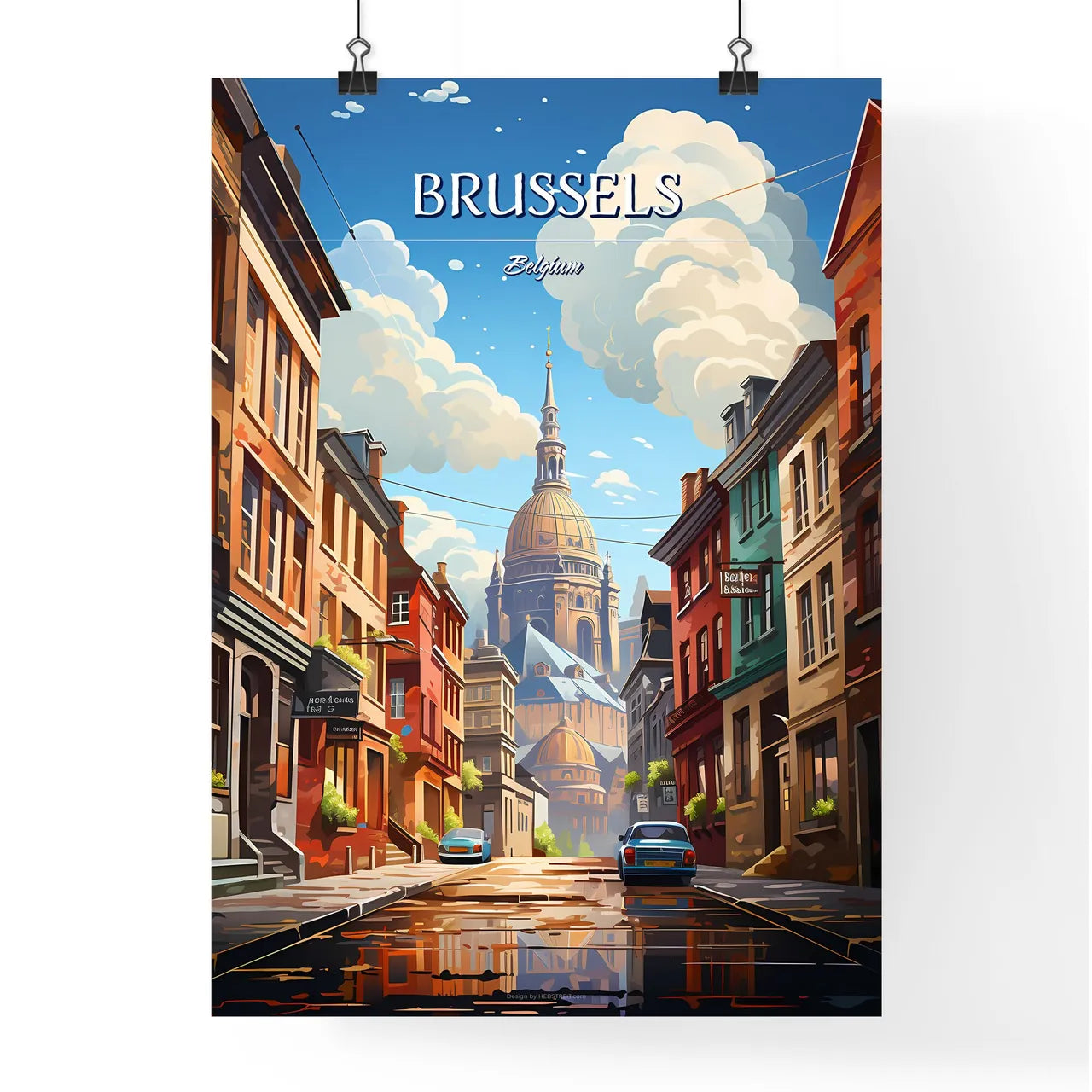 Brussels - Art print of a street with buildings and a church in the background Poster