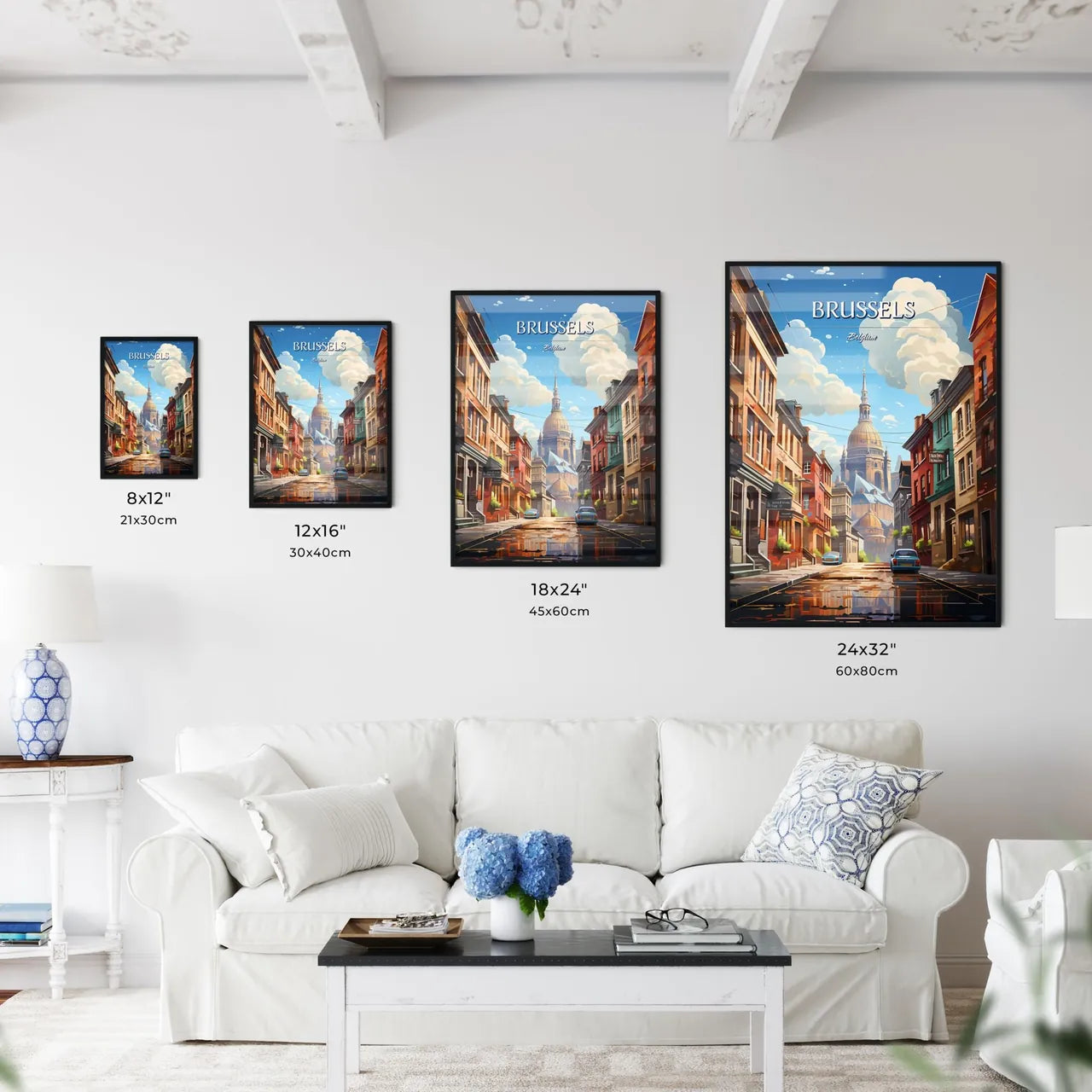 Brussels - Art print of a street with buildings and a church in the background Size Chart