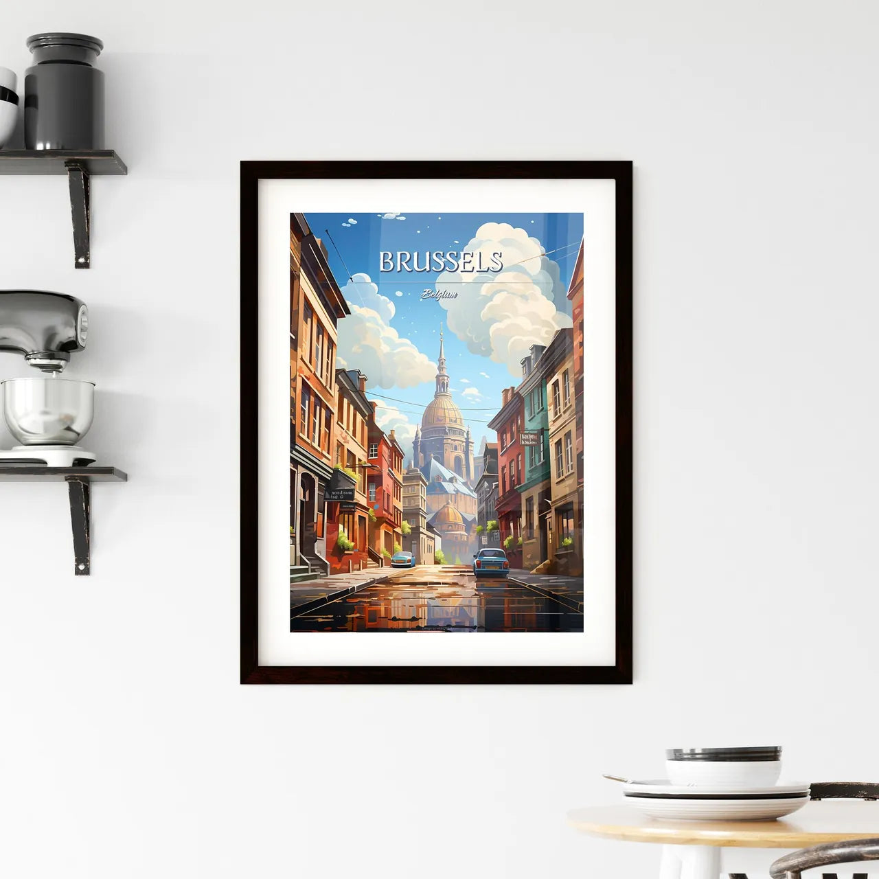 Brussels - Art print of a street with buildings and a church in the background Custom Print