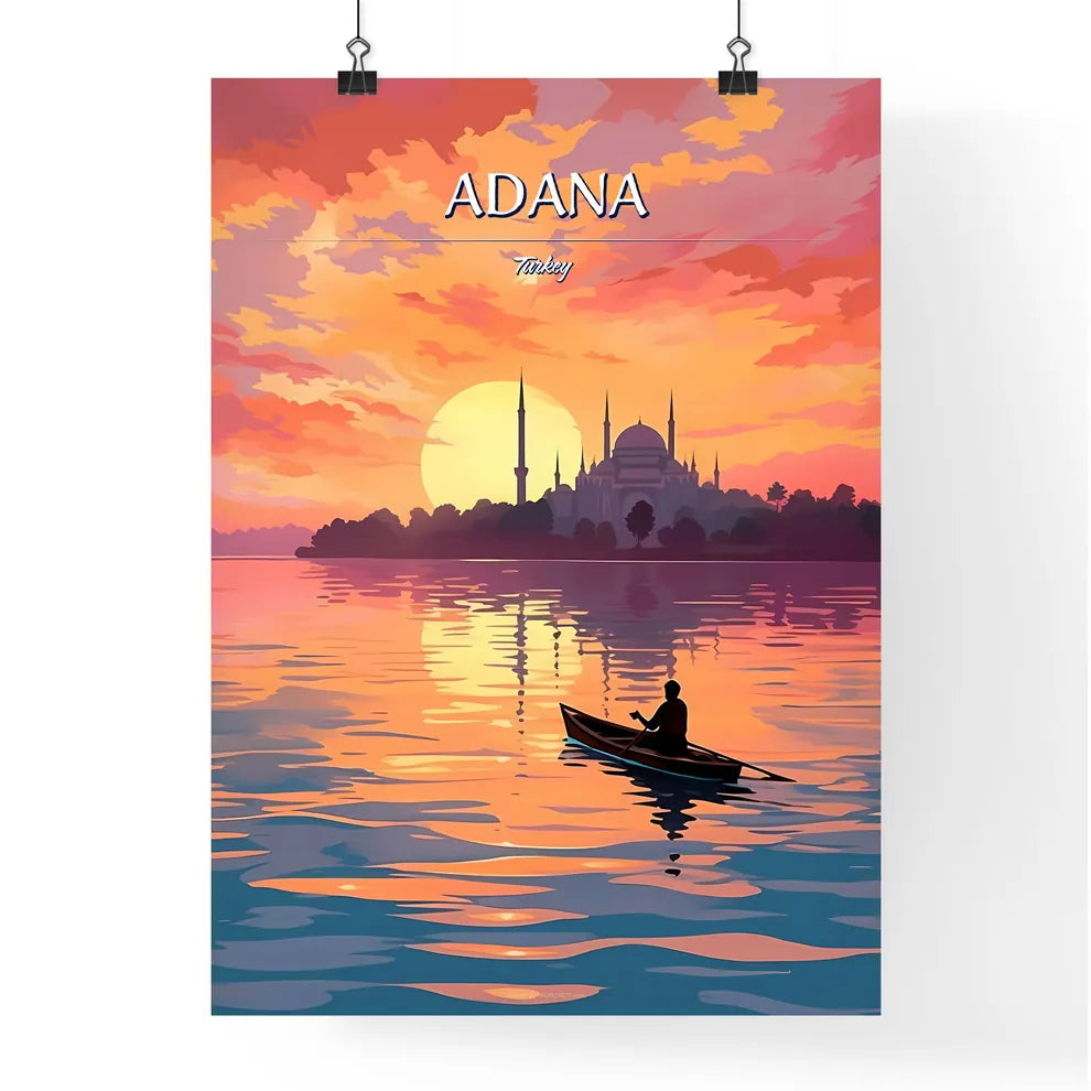 Adana, Turkey - Art print of a person in a boat on water with a sunset in the background Poster