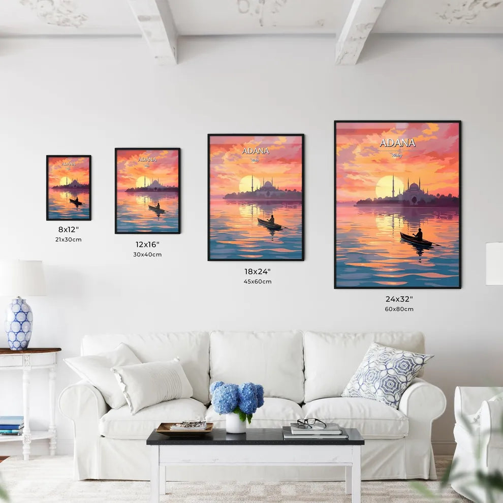 Adana, Turkey - Art print of a person in a boat on water with a sunset in the background Size Chart