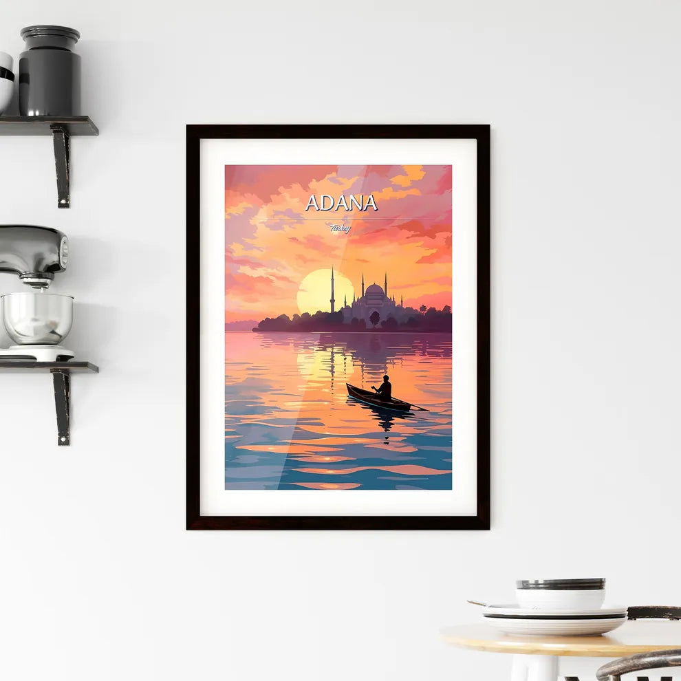 Adana, Turkey - Art print of a person in a boat on water with a sunset in the background Custom Print