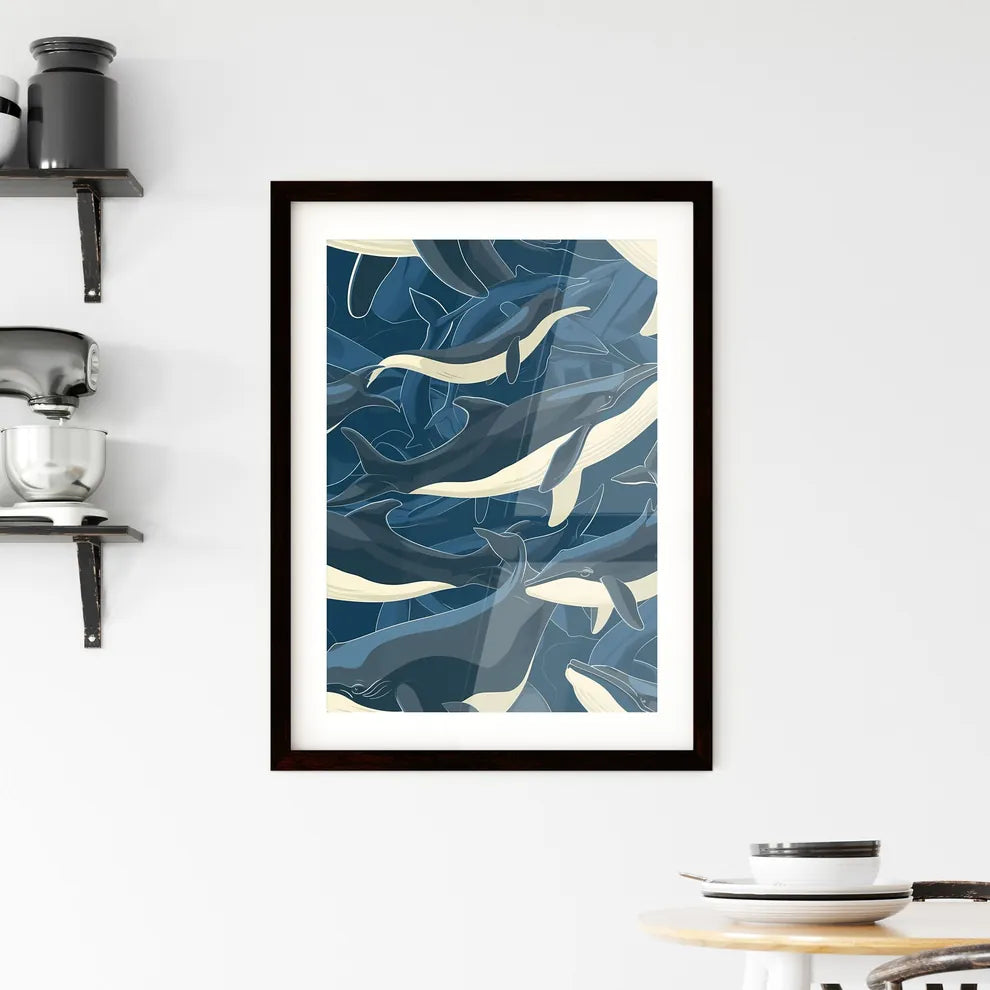 Smiling cute cartoon whales in different poses Framed Print
