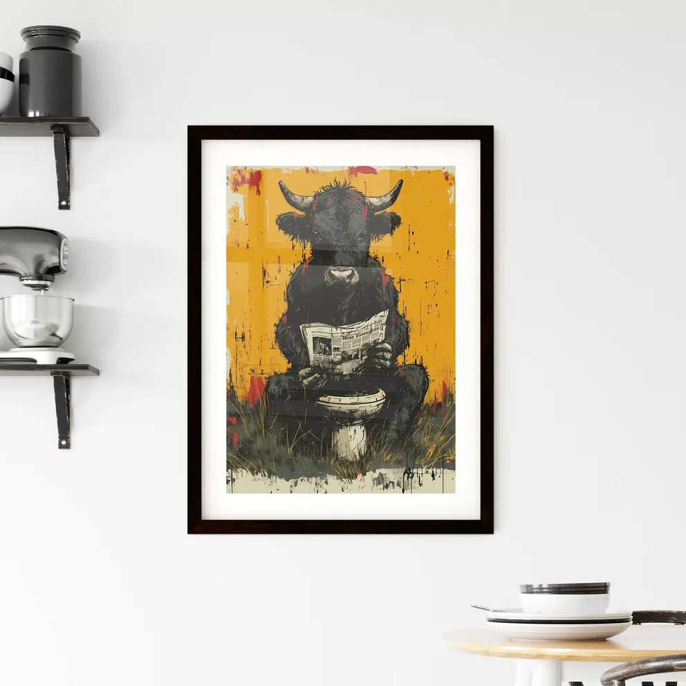 A cow sitting on a tiny toilet  Framed Print