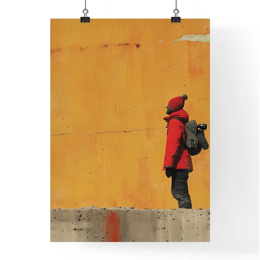 A TRENDY young person records voice - Art print of a person in a red coat and hat with a camera Poster