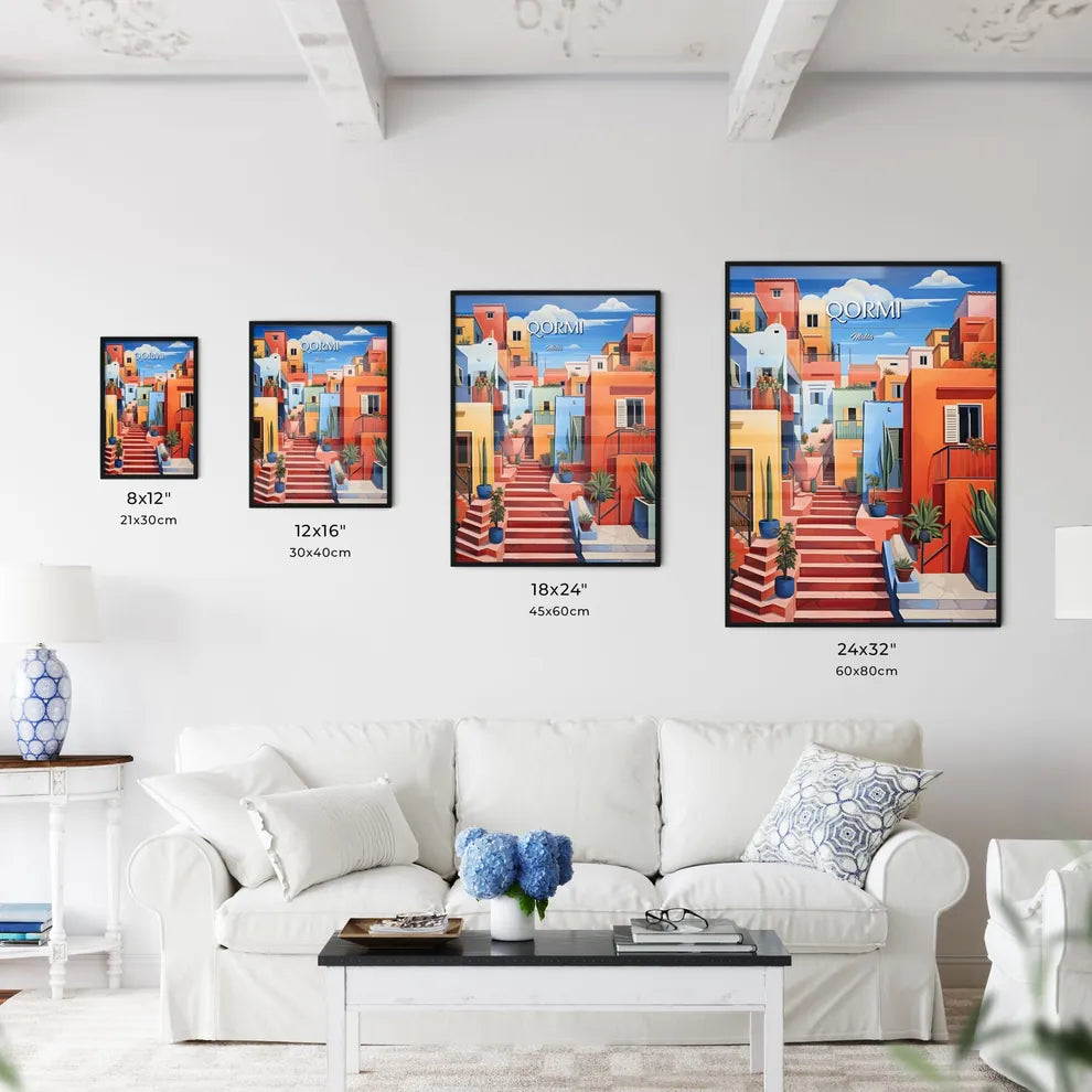 Qormi, Malta - Art print of a painting of a colorful city Size Chart