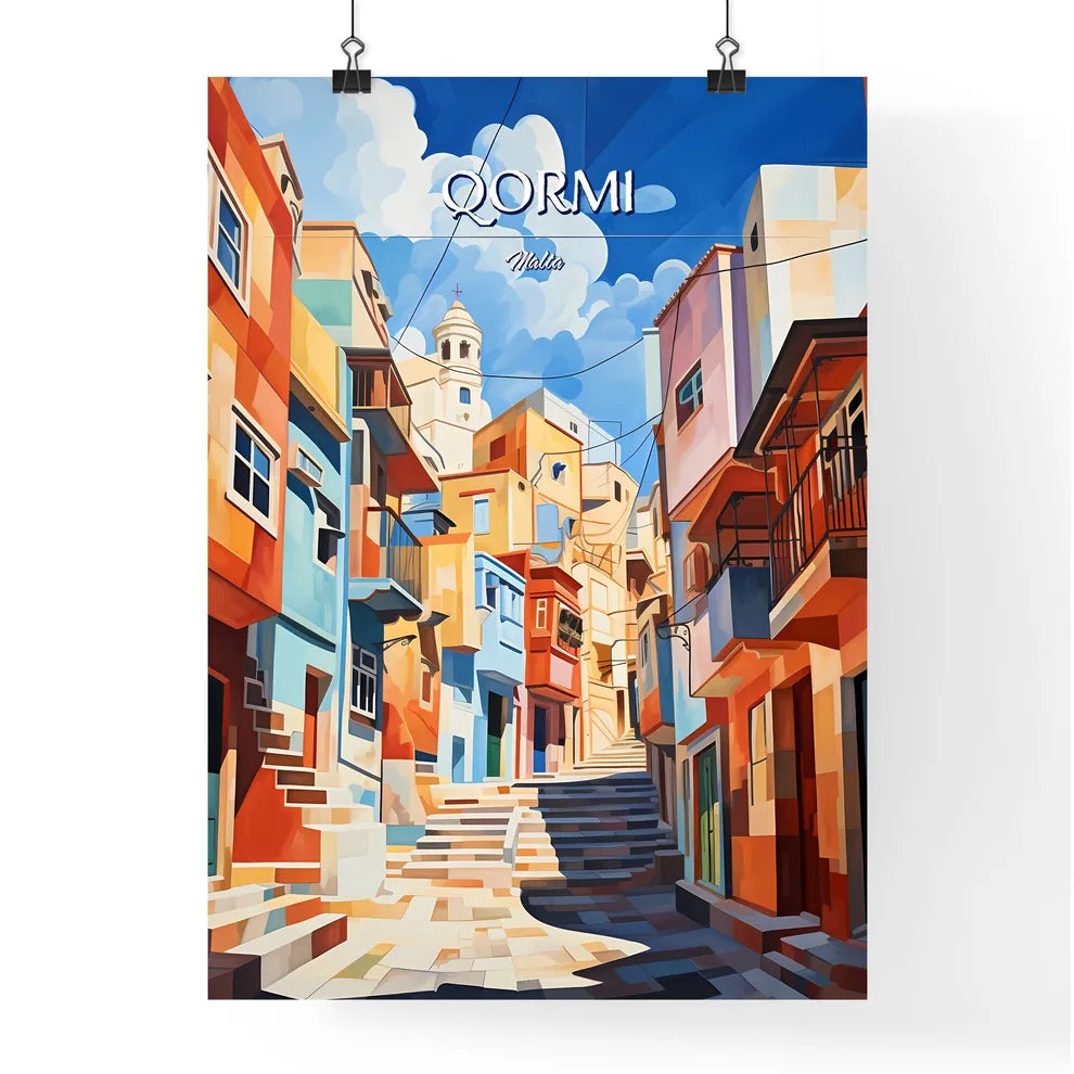 Qormi, Malta - Art print of a colorful buildings with stairs and a tower Poster