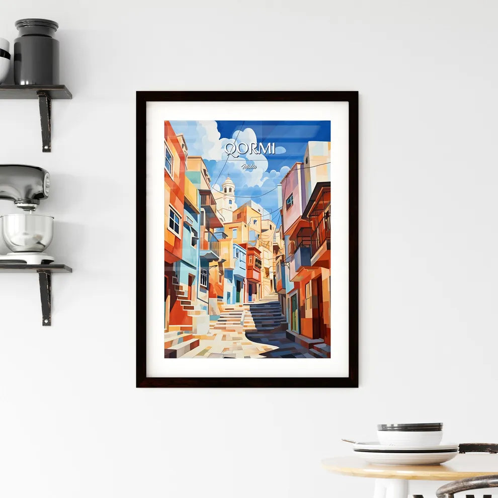 Qormi, Malta - Art print of a colorful buildings with stairs and a tower Custom Print