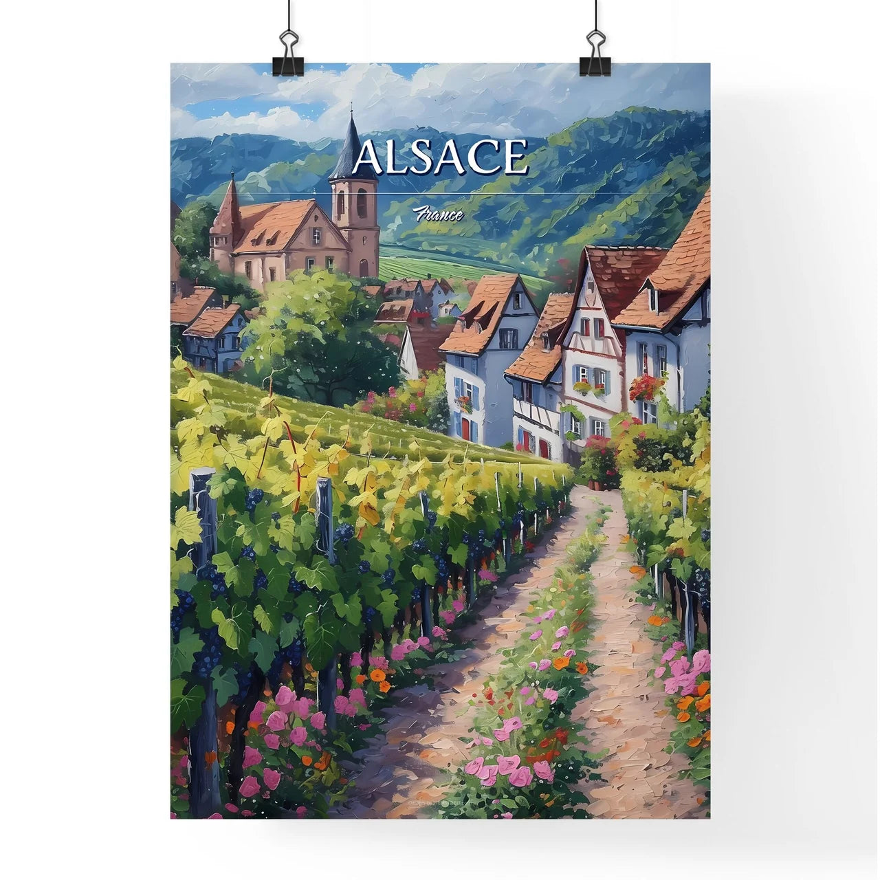 Alsace, France - Art print of a painting of a vineyard with buildings and mountains in the background Poster