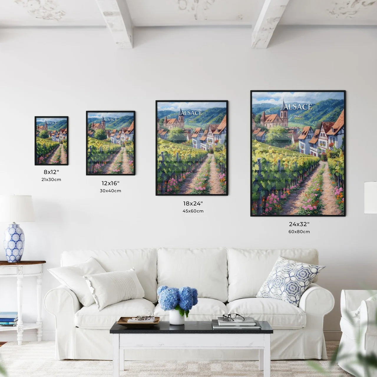 Alsace, France - Art print of a painting of a vineyard with buildings and mountains in the background Size Chart