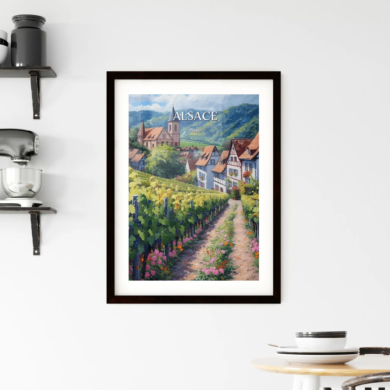 Alsace, France - Art print of a painting of a vineyard with buildings and mountains in the background Custom Print