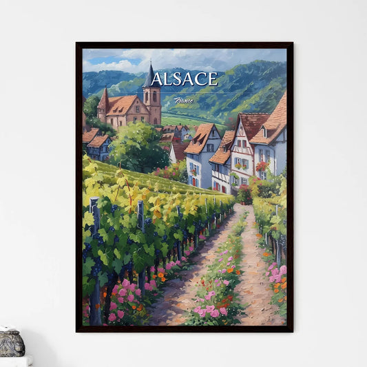Alsace, France - Art print of a painting of a vineyard with buildings and mountains in the background Framed Art