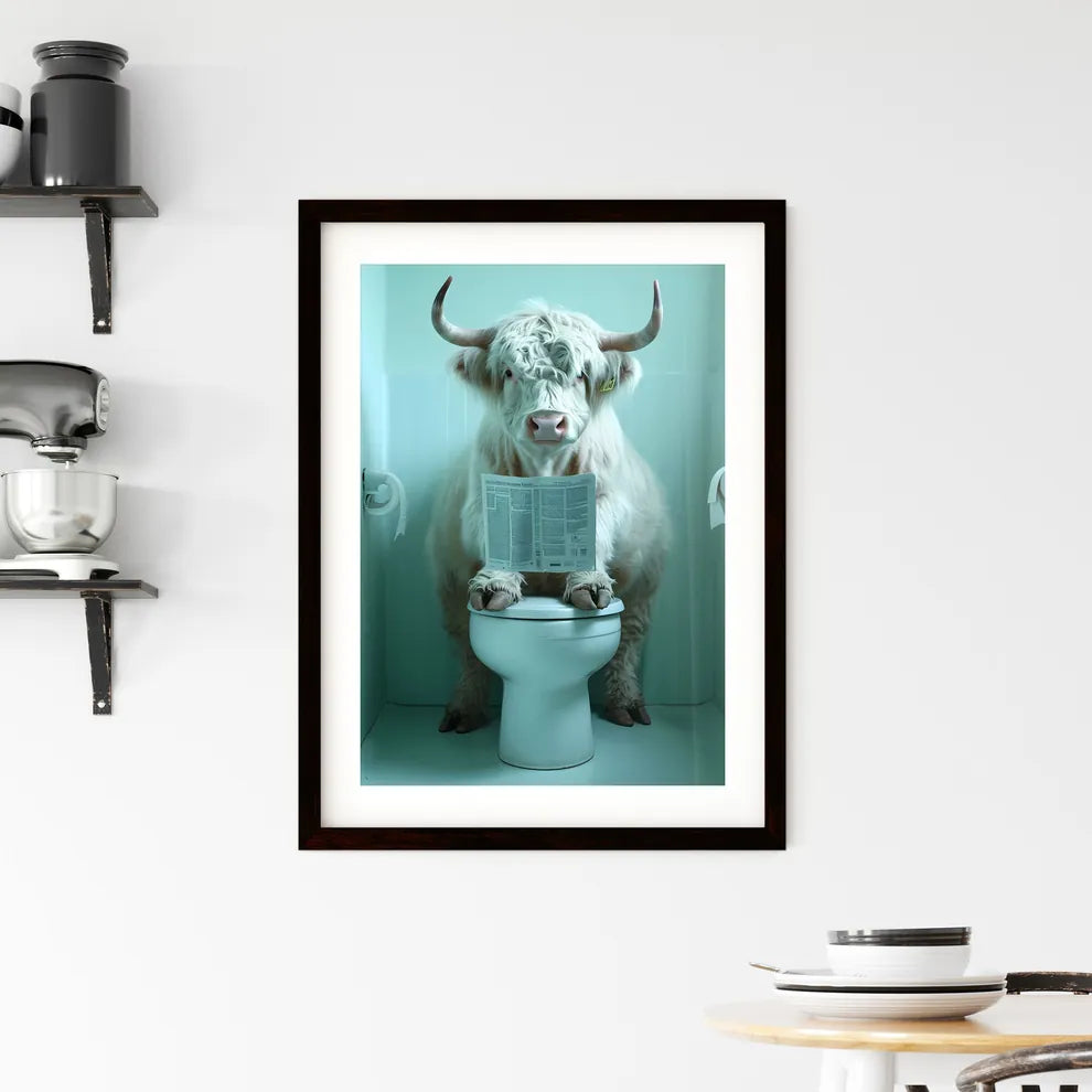 A cow sitting on a tiny toilet  Framed Print