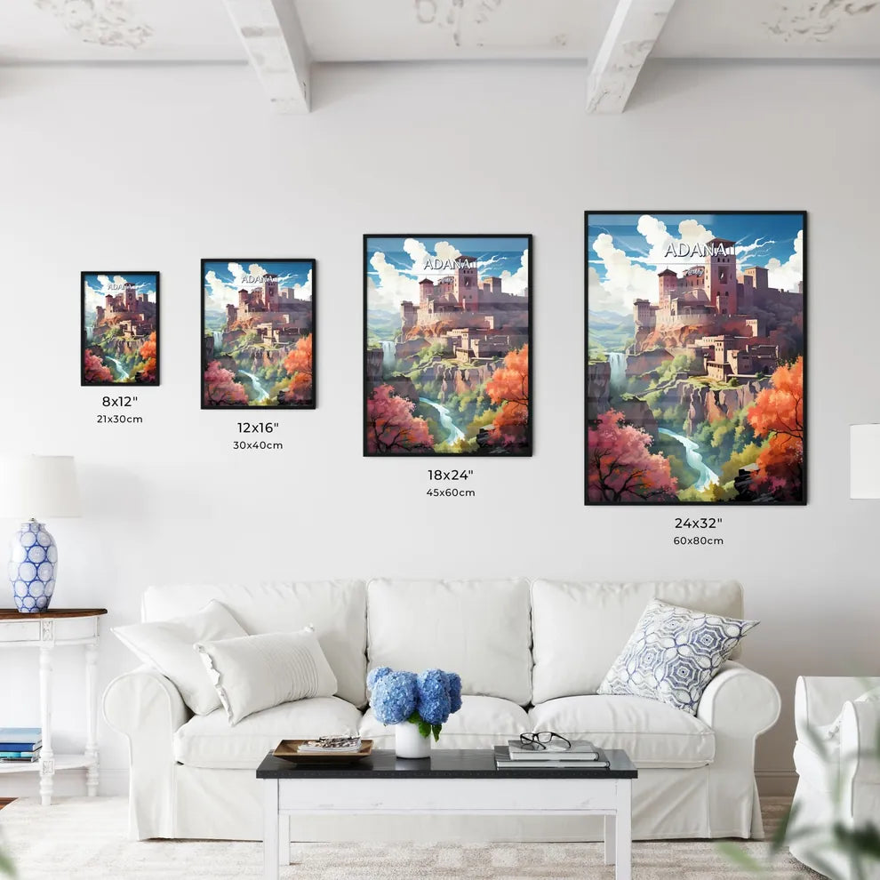 Adana, Turkey - Art print of a castle on a cliff Size Chart