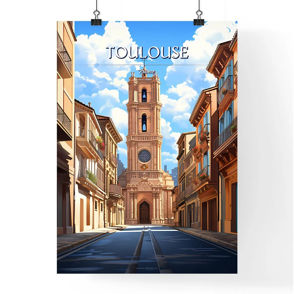 Toulouse, France - Art print of a street with a clock tower in the middle of it Poster