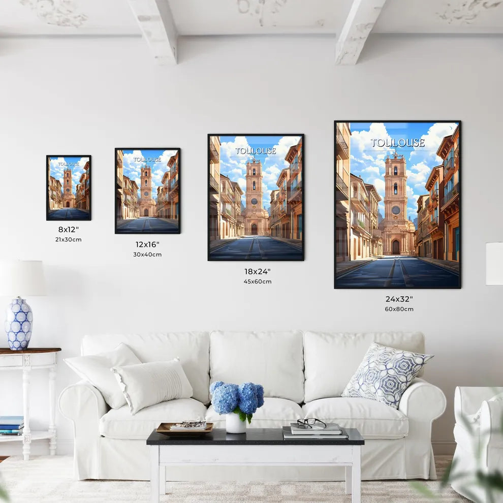 Toulouse, France - Art print of a street with a clock tower in the middle of it Size Chart