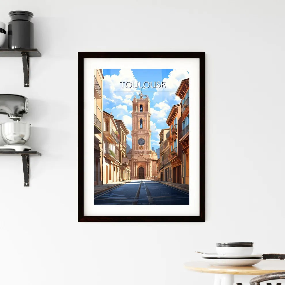 Toulouse, France - Art print of a street with a clock tower in the middle of it Custom Print
