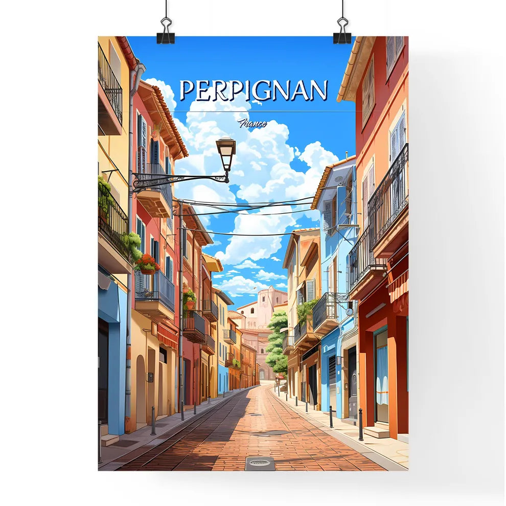 Perpignan, France - Art print of a street with colorful buildings and a street lamp Poster