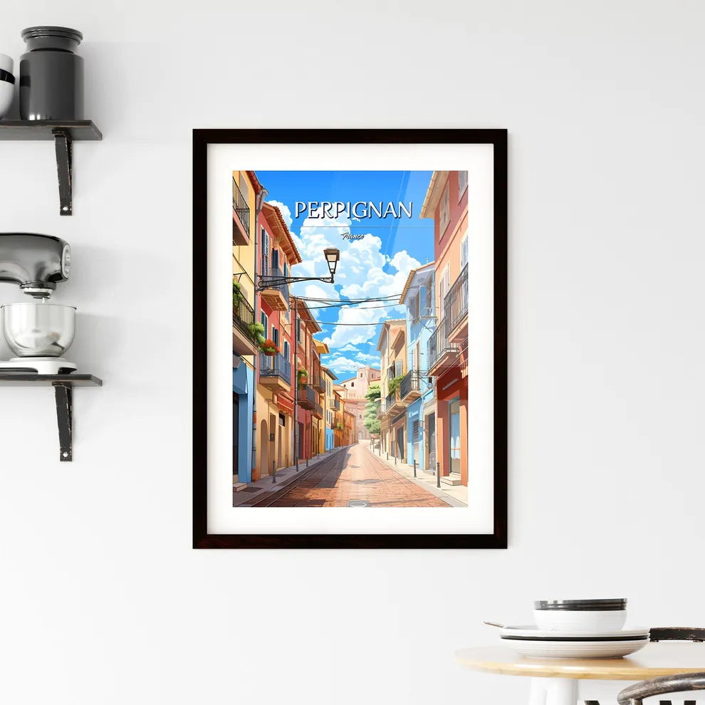 Perpignan, France - Art print of a street with colorful buildings and a street lamp Custom Print