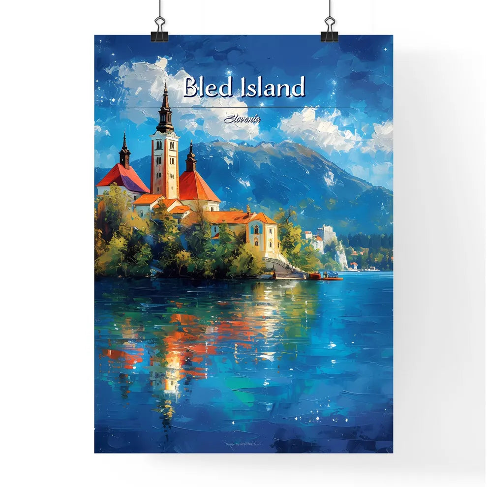 Bled Island, Slovenia - Art print of a building on a island with trees and mountains in the background Poster