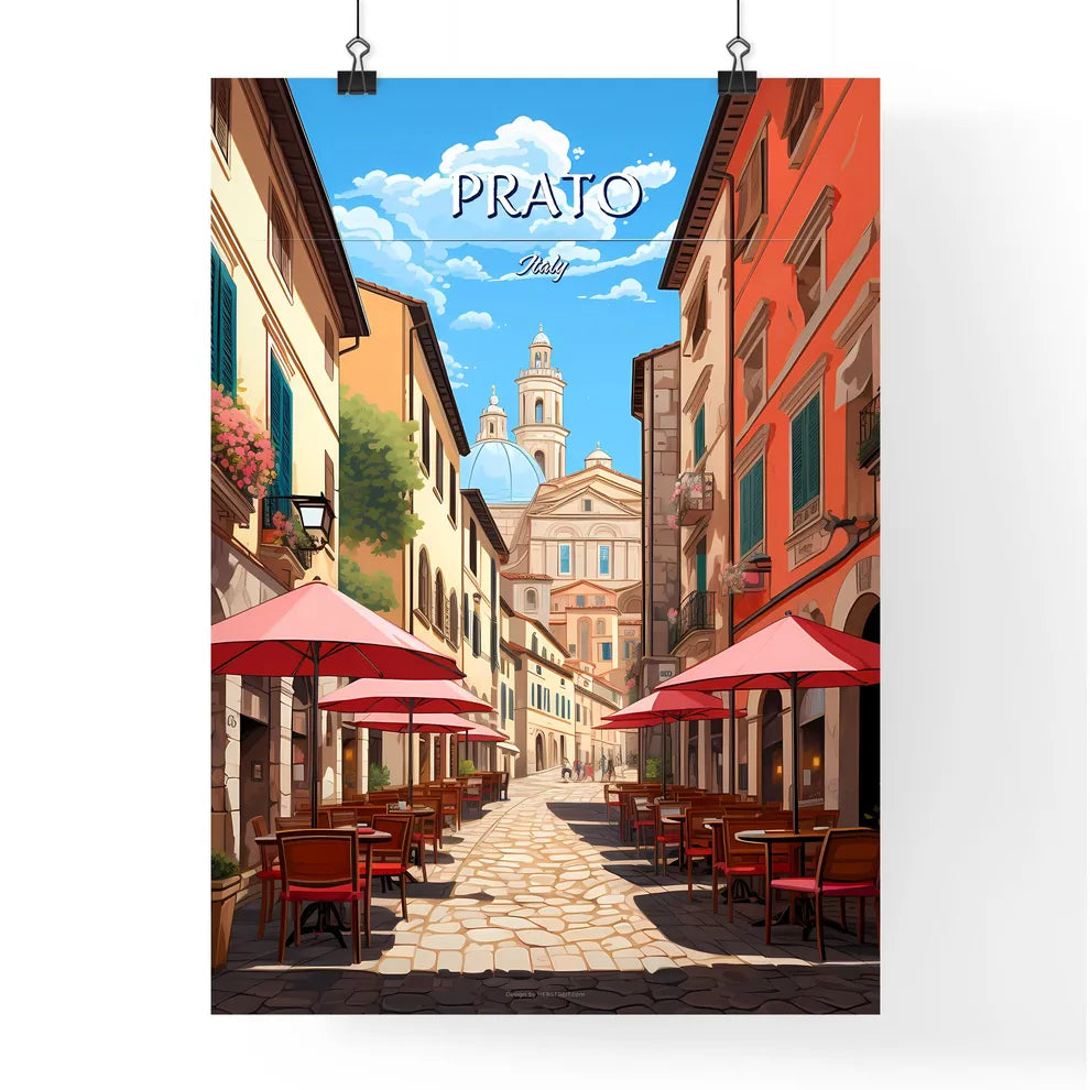 Prato, Italy - Art print of a street with tables and umbrellas Poster