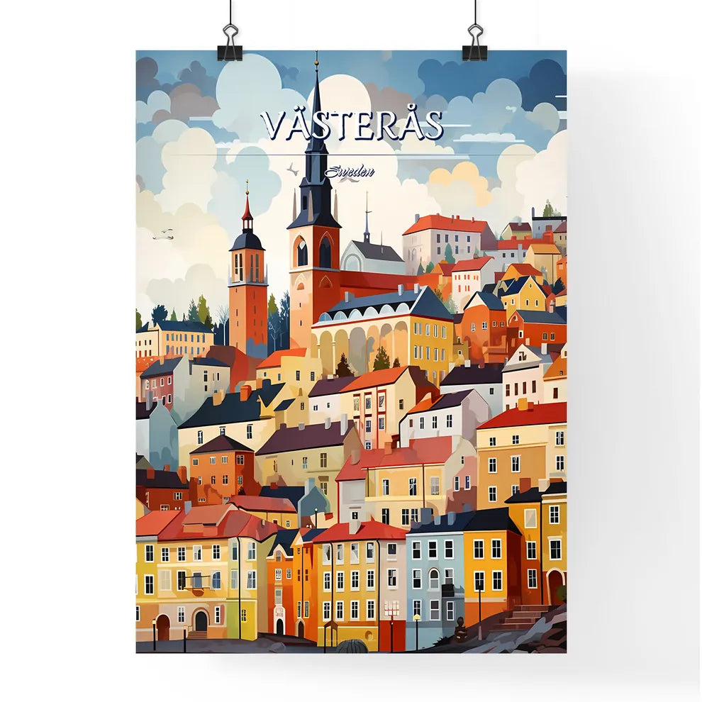 Västerås, Sweden, - Art print of a colorful cityscape with a steeple Poster