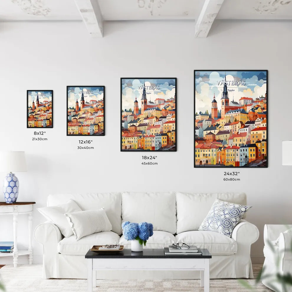 Västerås, Sweden, - Art print of a colorful cityscape with a steeple Size Chart