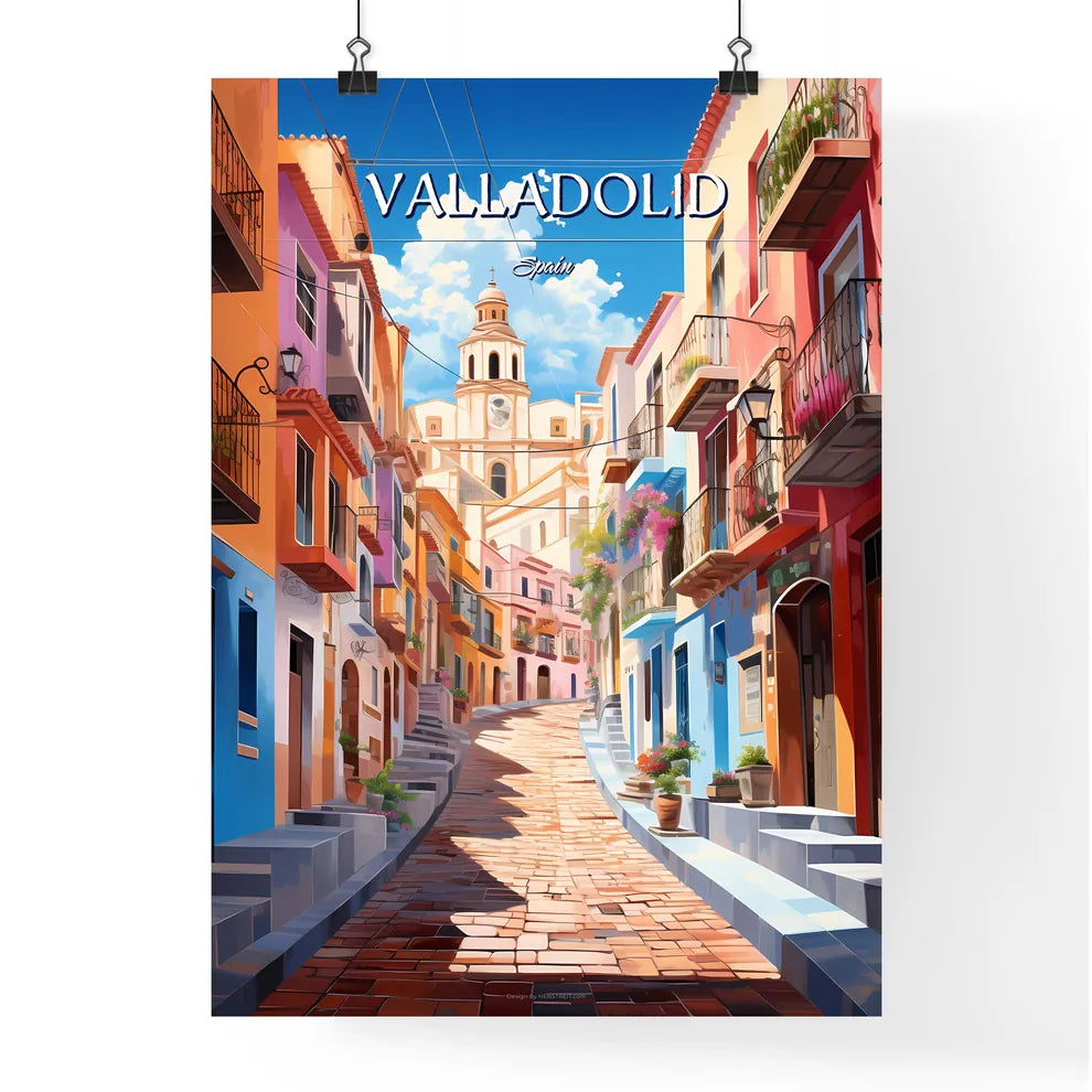 Valladolid, Spain - Art print of a colorful street with buildings and stairs Poster