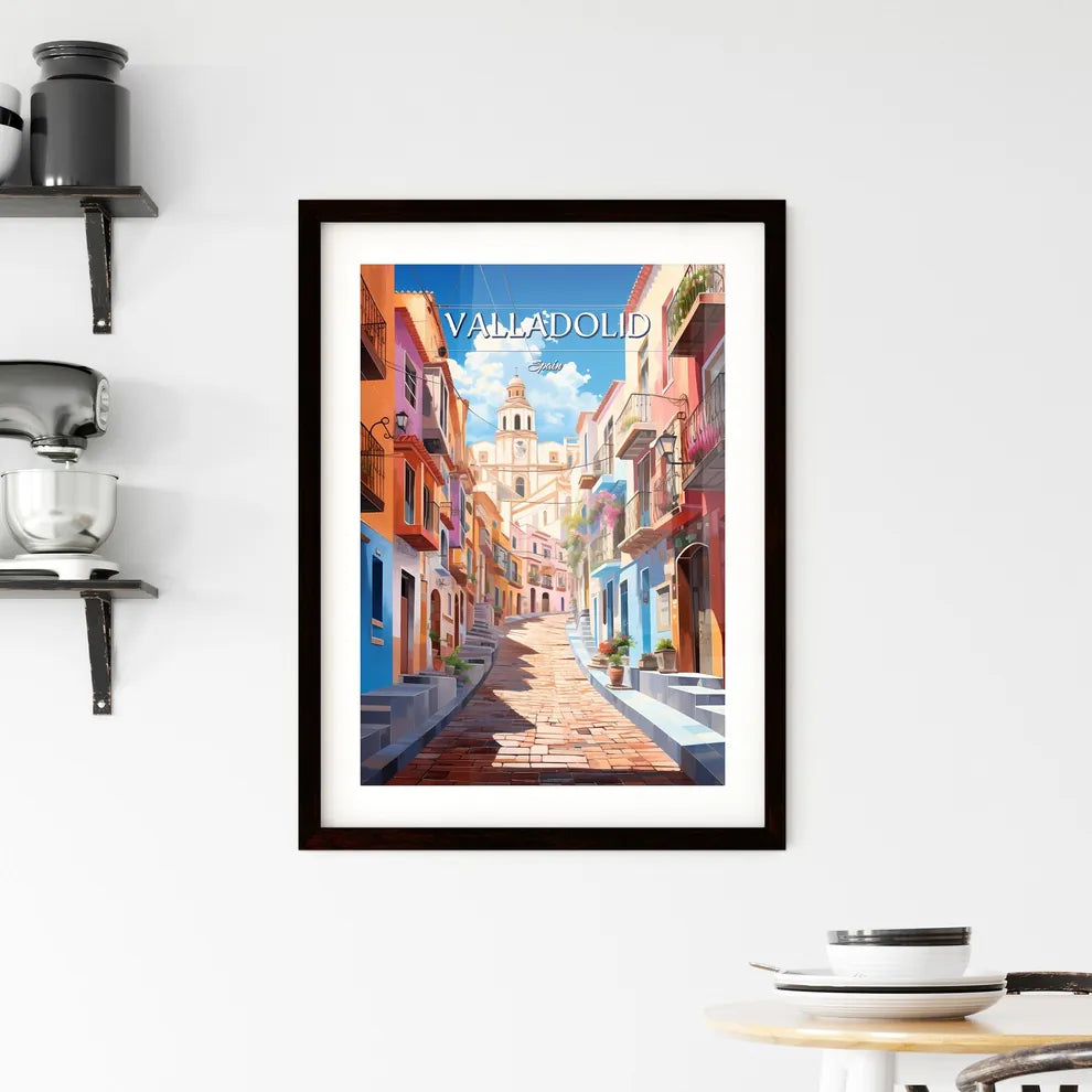 Valladolid, Spain - Art print of a colorful street with buildings and stairs Custom Print