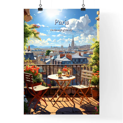 On the roofs of Paris - Art print of a balcony with a table and chairs and a view of a city