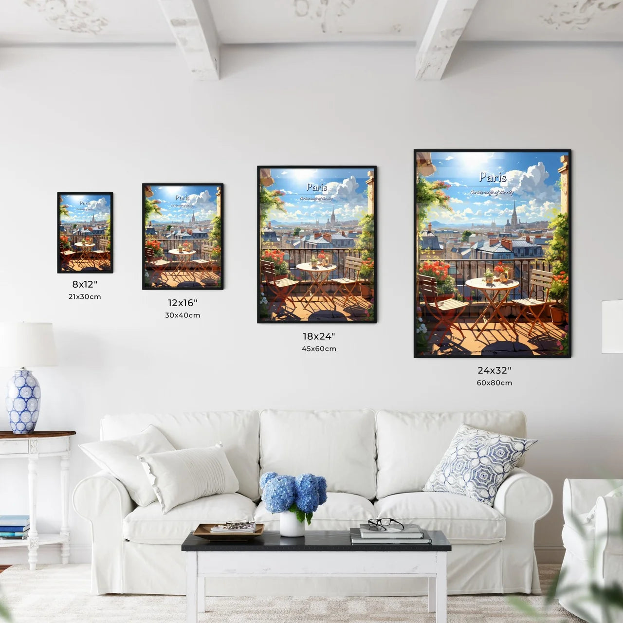 On the roofs of Paris - Art print of a balcony with a table and chairs and a view of a city Size Chart