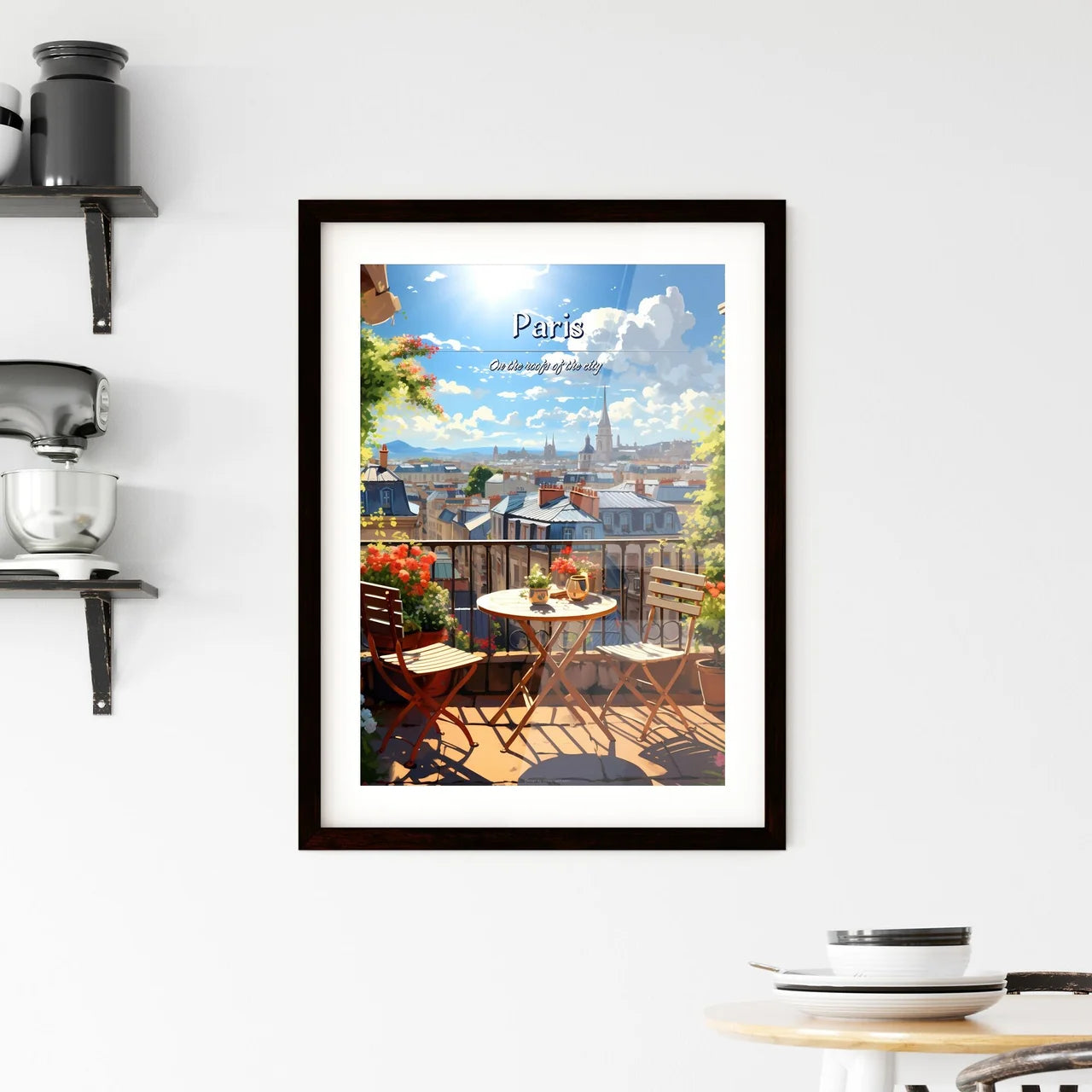 On the roofs of Paris - Art print of a balcony with a table and chairs and a view of a city Custom Print