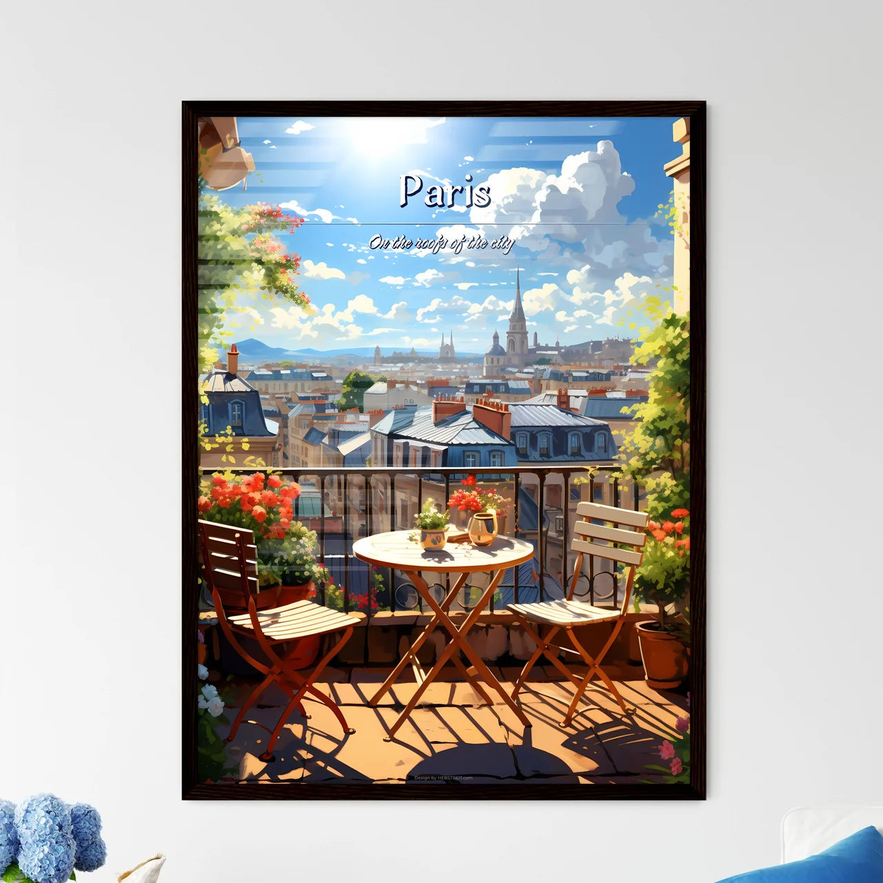 On the roofs of Paris - Art print of a balcony with a table and chairs and a view of a city Framed Art