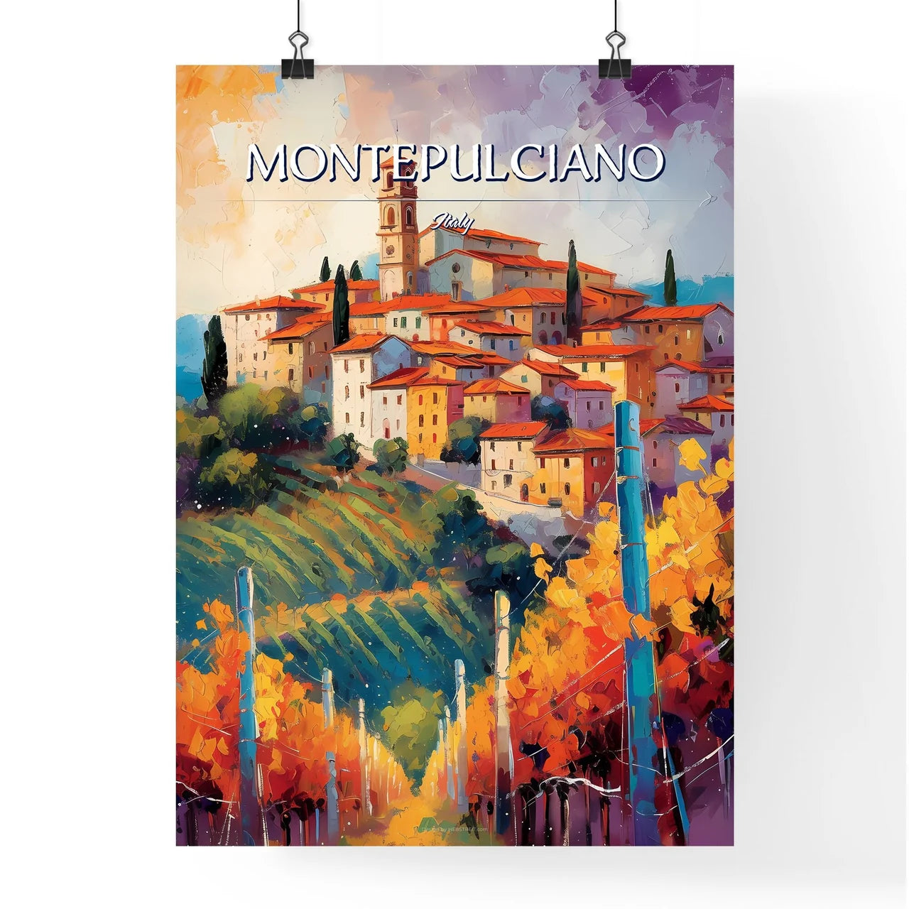 Montepulciano, Italy - Art print of a painting of a town on a hill Poster
