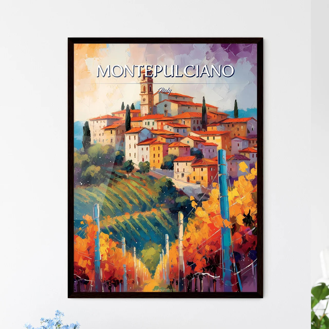 Montepulciano, Italy - Art print of a painting of a town on a hill Framed Art