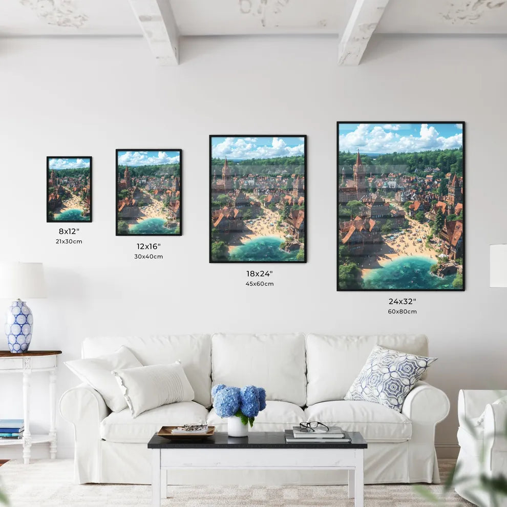 A landscape of the German countryside - Art print of a town with many buildings and a beach Size Chart