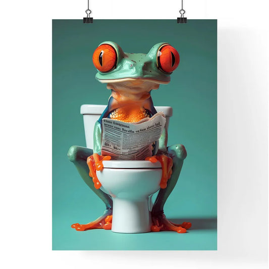 Frog sitting on a tiny toilet  Poster