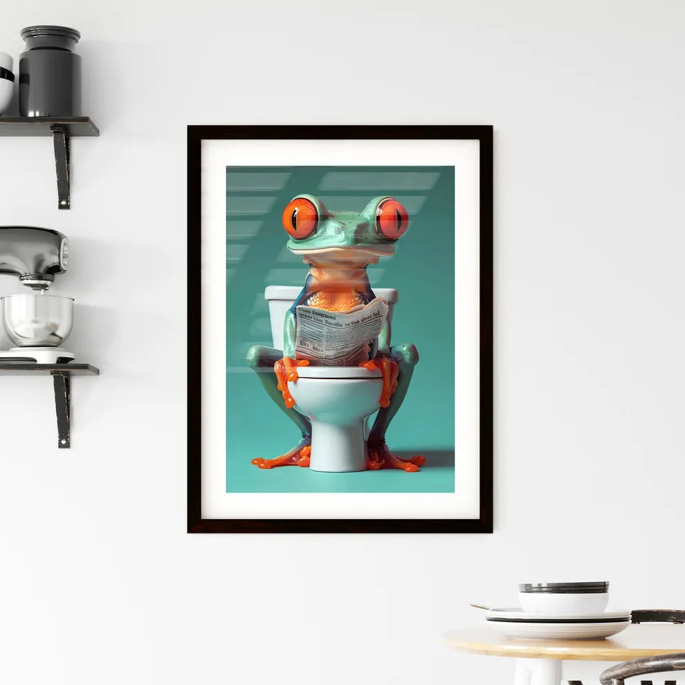 Frog sitting on a tiny toilet  Framed Print
