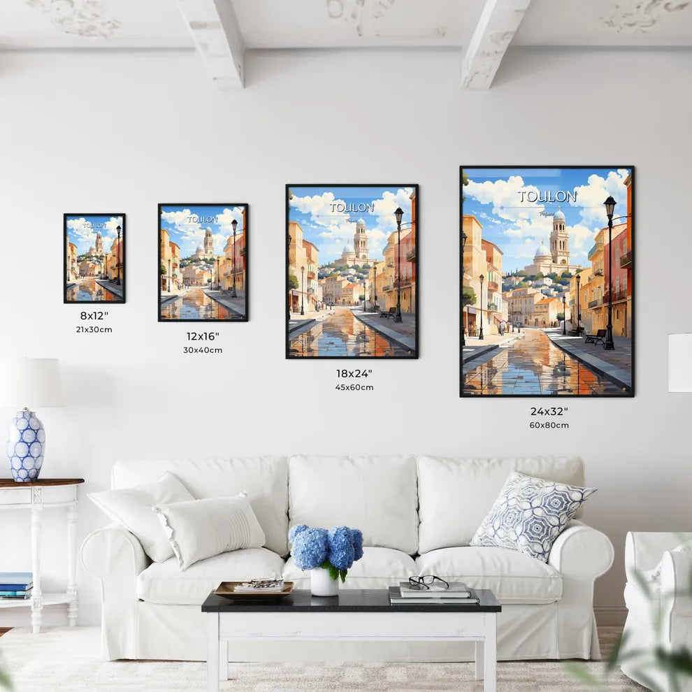 Toulon, France - Art print of a street with buildings and a church in the background Size Chart