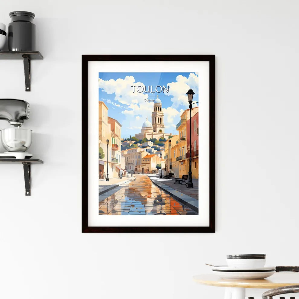 Toulon, France - Art print of a street with buildings and a church in the background Custom Print