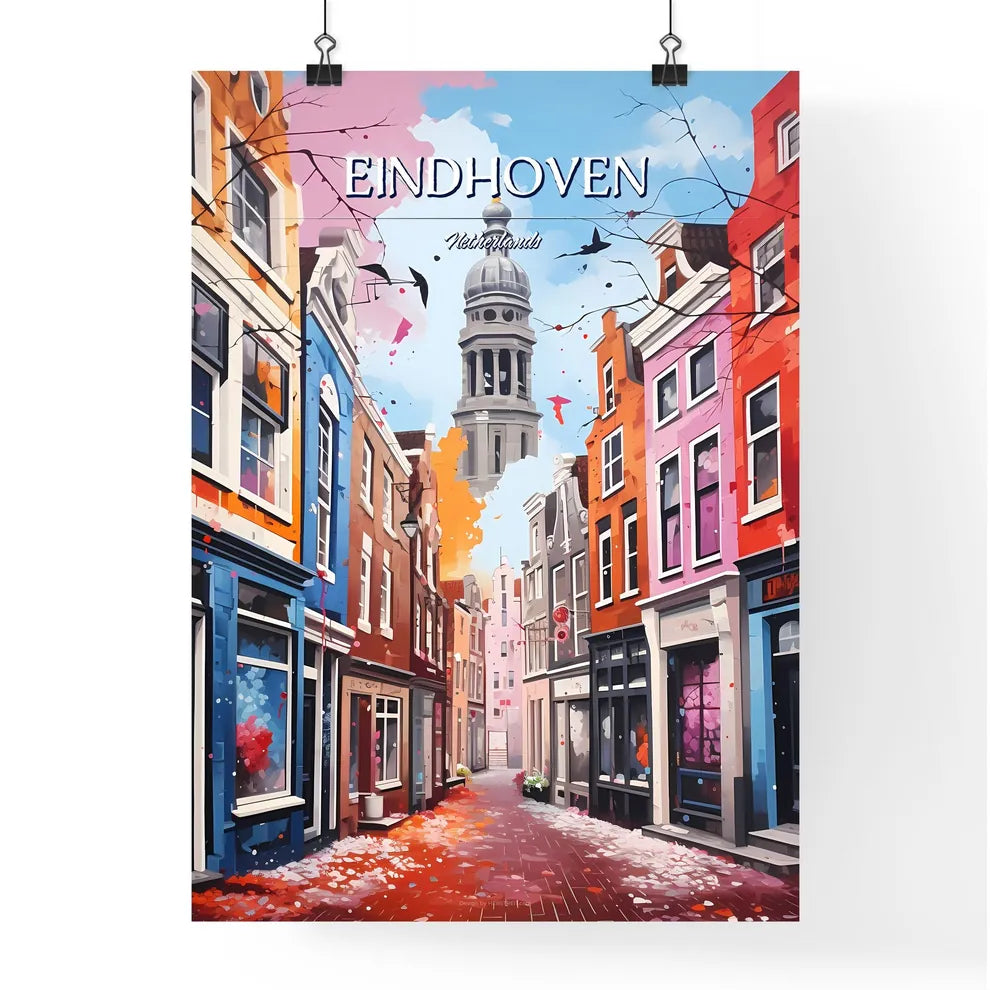 Eindhoven, Netherlands - Art print of a street with buildings and a tower Poster