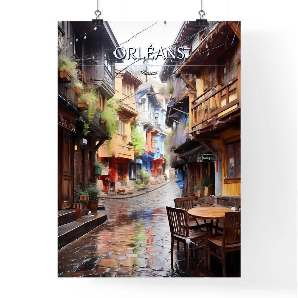 Orléans, France - Art print of a street with tables and chairs in a small town Poster