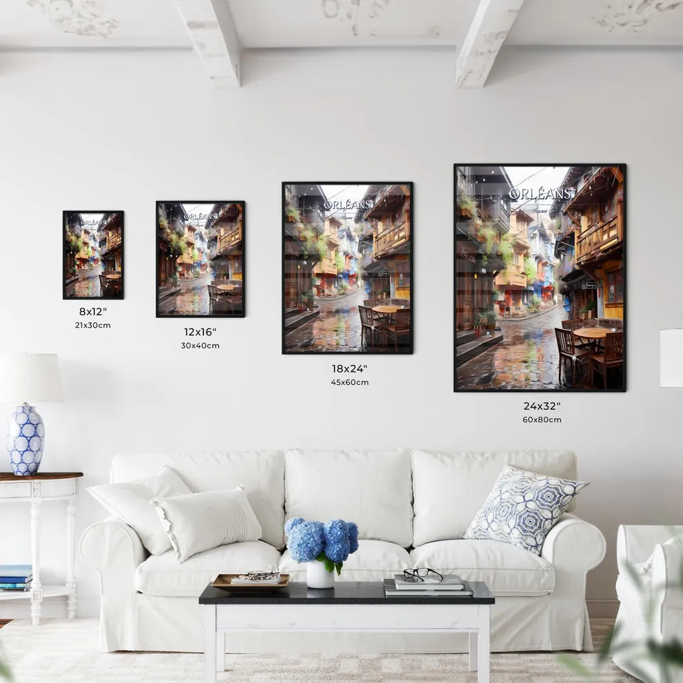 Orléans, France - Art print of a street with tables and chairs in a small town Size Chart