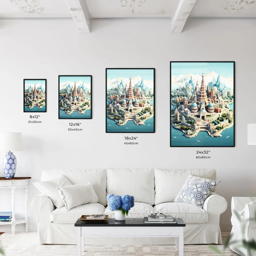 Travel abroad illustration - Art print of a cartoon of a castle on an island Size Chart