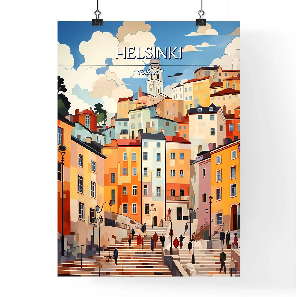 Helsinki, Finland - Art print of a colorful cityscape with people walking up stairs Poster
