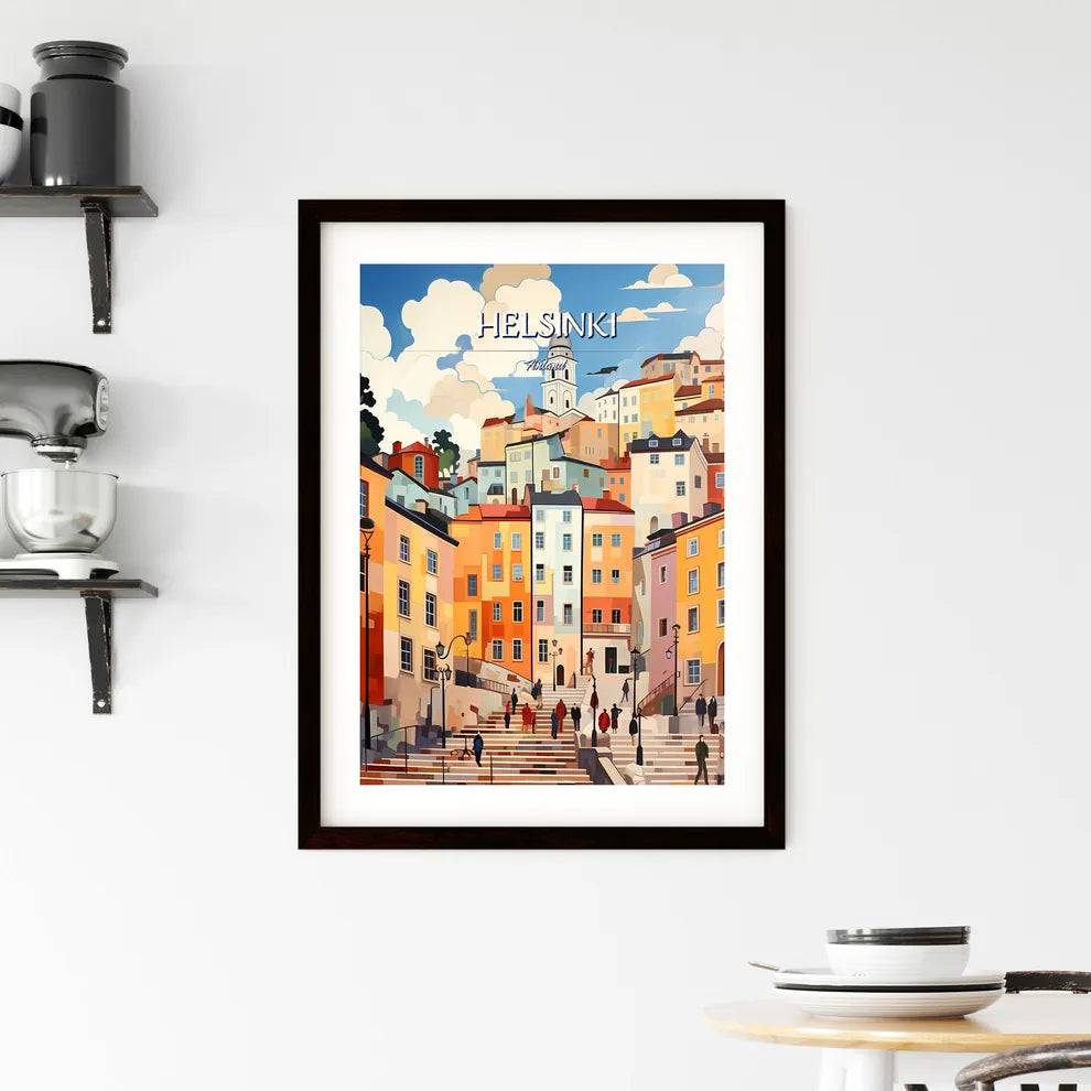 Helsinki, Finland - Art print of a colorful cityscape with people walking up stairs Custom Print