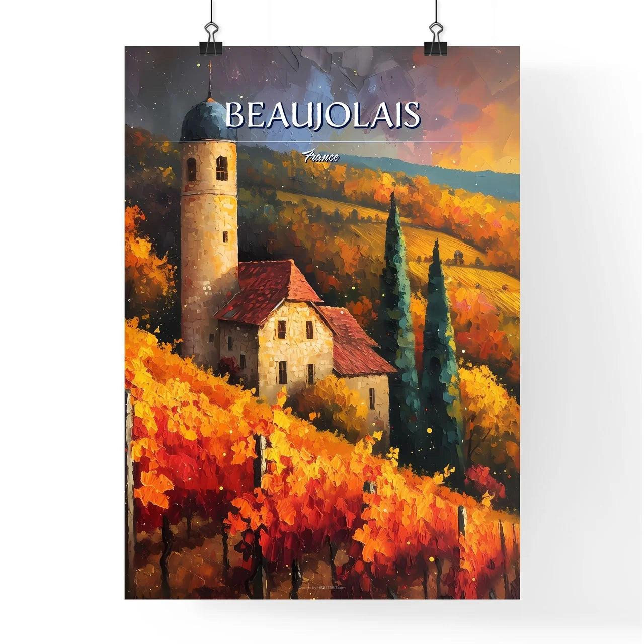Beaujolais, France - Art print of a painting of a house in a vineyard Poster