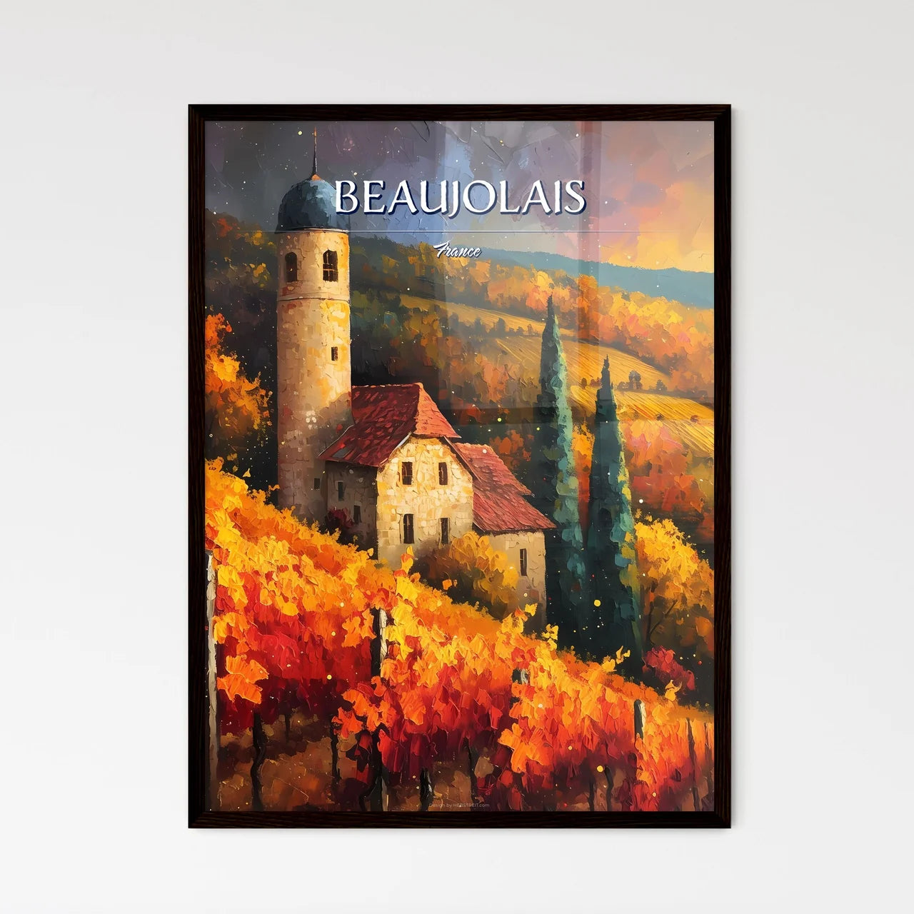 Beaujolais, France - Art print of a painting of a house in a vineyard Framed Art