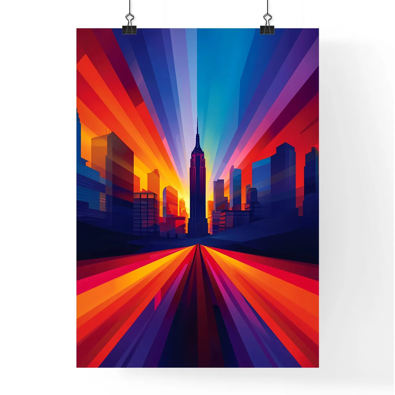 A travel poster of the empire state building - Art print of a colorful cityscape with a tall building Poster