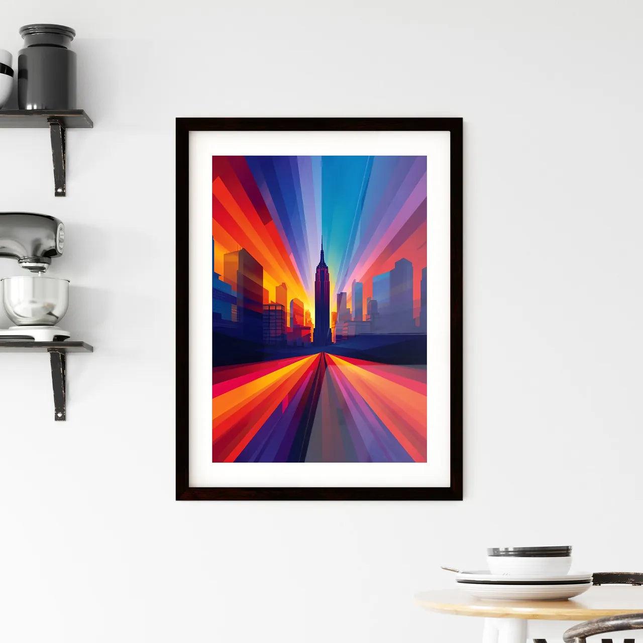 A travel poster of the empire state building - Art print of a colorful cityscape with a tall building Custom Print